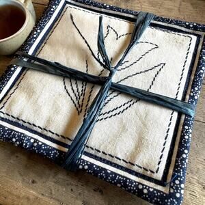 Vintage Handmade Fabric Coasters Set of 4 Blue Floral Tulip Quilt Style Cottage